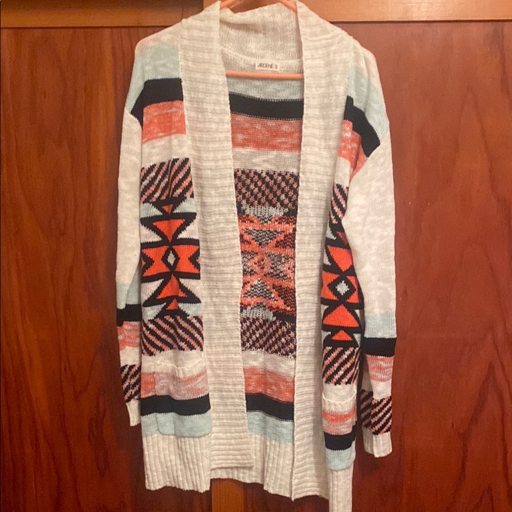 Ardene Cream and Orange Cardigan Sweater with Geometric Patterns